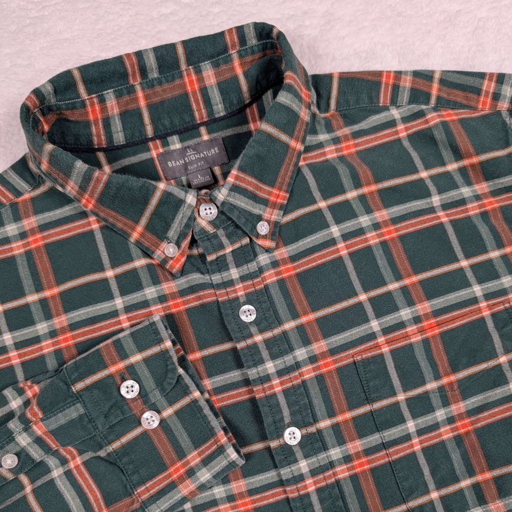 LL Bean Signature Button Down Shirt Mens L Green Orange Plaid Slim Fit Outdoor